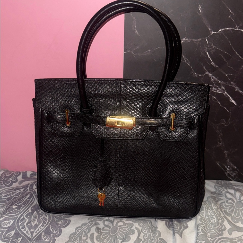 Structured Black Leather Satchel with Gold-Tone Hardware snake skin - Picture 3 of 16
